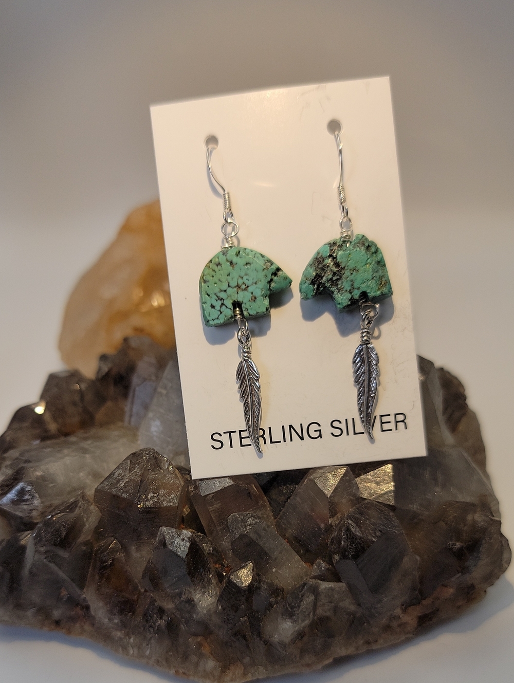 NEW Sterling Silver Kingman Turquoise Carved Bear & Feather Dangle Earrings - Picture 9 of 10